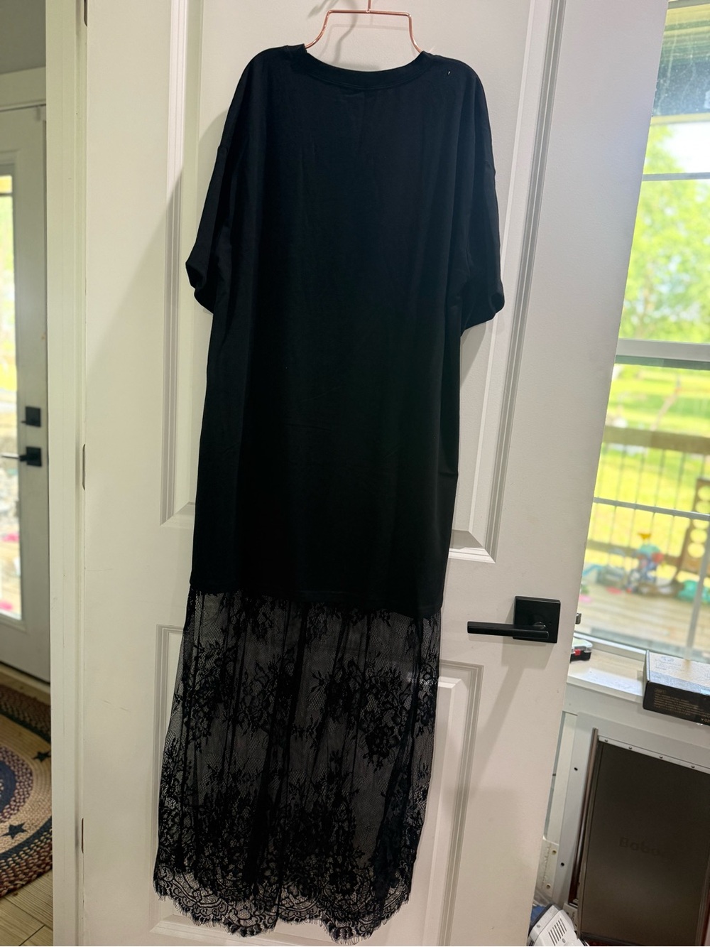 Black Short-Sleeve Dress with Sheer Lace Hem - Picture 7 of 8